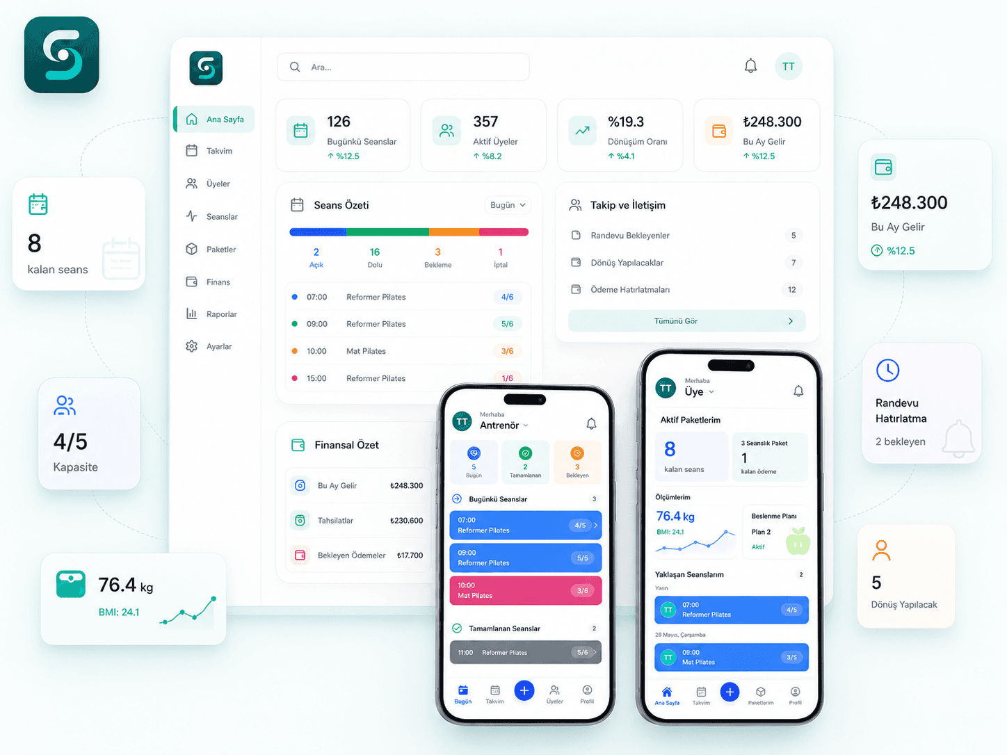 Stuvio web panel, eğitmen uygulaması ve üye uygulaması hero görseli