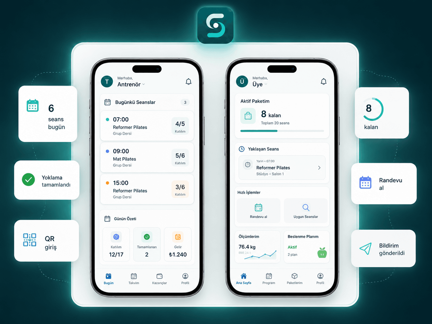 Stuvio eğitmen ve üye mobil uygulama ekranları