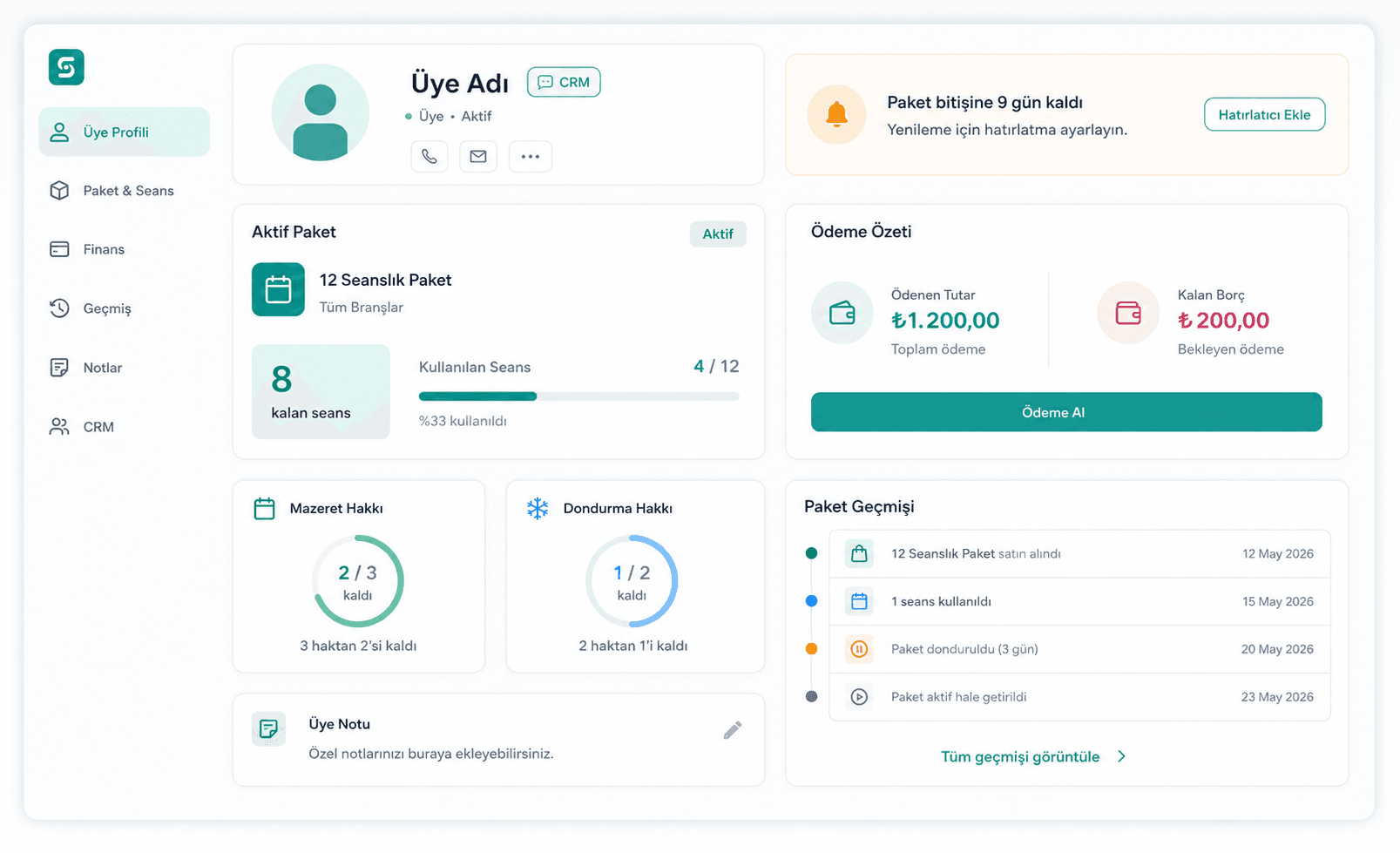 Stuvio üye paket ve finans ekranı placeholder